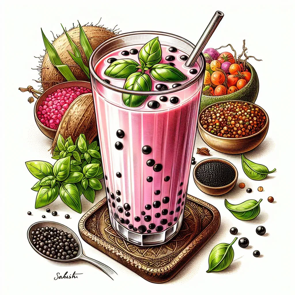 Alouda dessert with tapioca pearls in sweetened milk, garnished with fruit