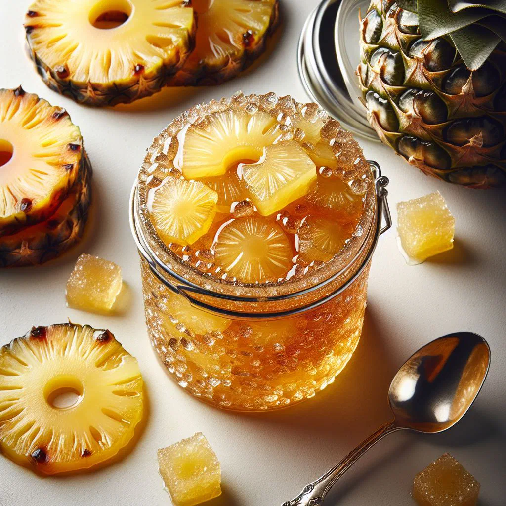 Caramelised pineapple confit with cinnamon and vanilla in a glossy syrup
