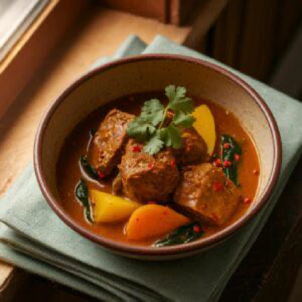 Cari de cerf, a Mauritian venison curry in a rich coconut sauce garnished with fresh coriander