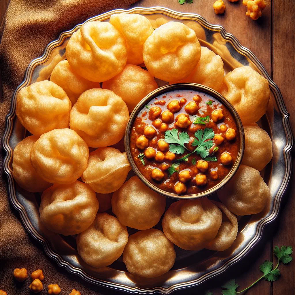 Golden chana puri chickpea pancakes served with a spiced tomato sauce
