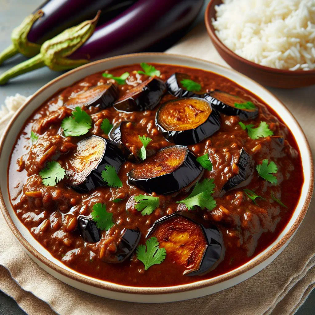 Bowl of Mauritian aubergine chutney garnished with fresh herbs