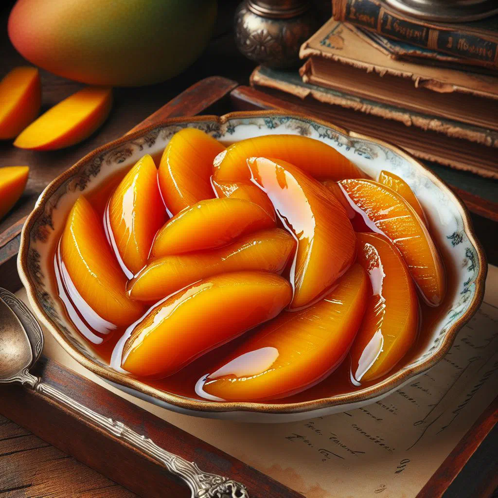 Golden mango confit in a glass jar with a cinnamon stick