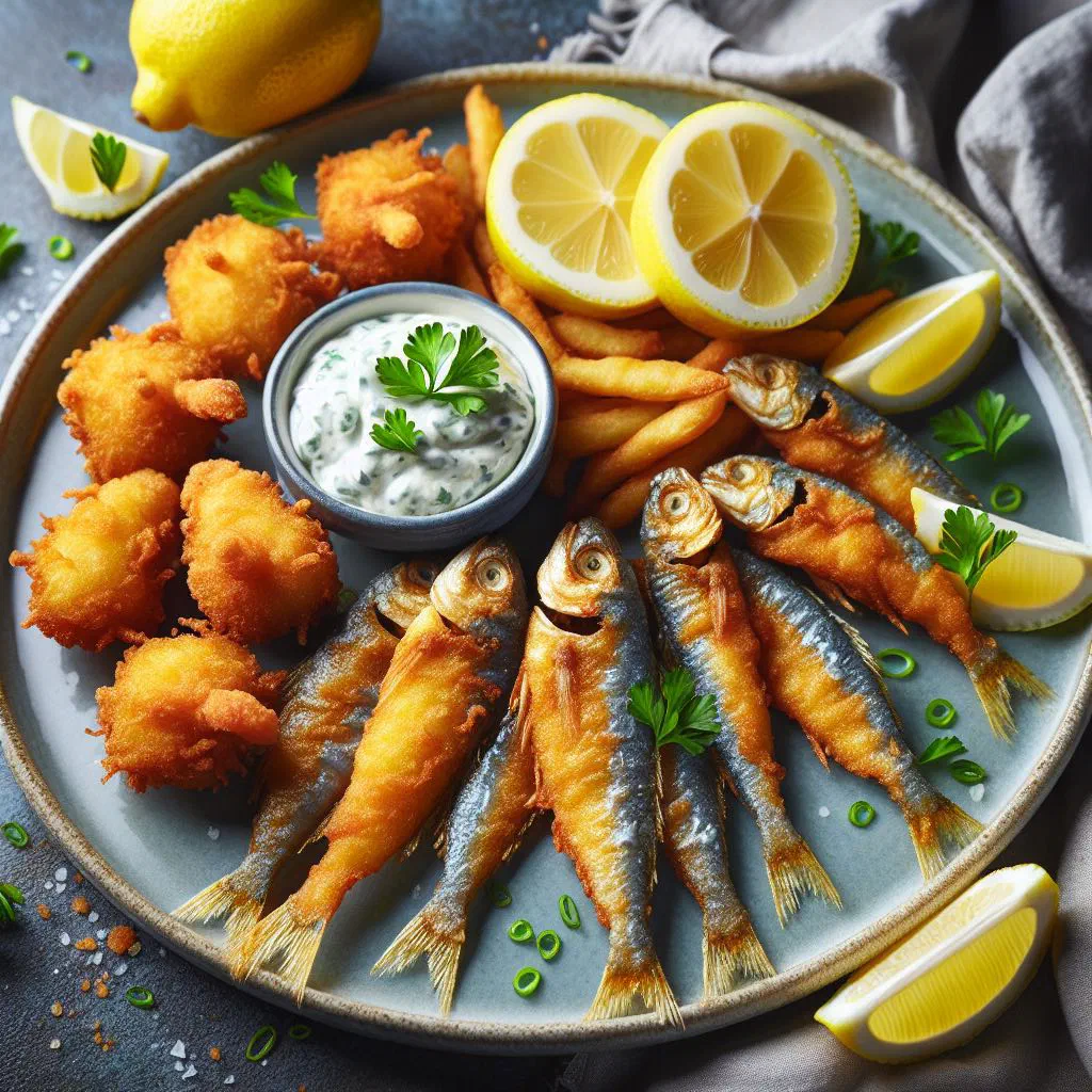 Golden fried fish pieces served with fresh vegetables