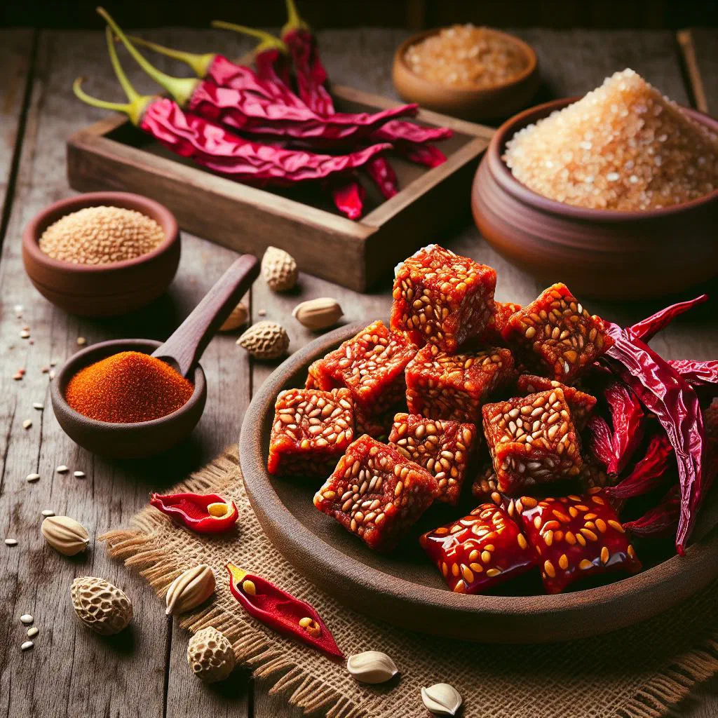 Golden fried gajak piment chilli fritters served as a snack