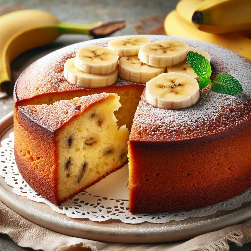 Slice of moist Mauritian banana cake on a plate