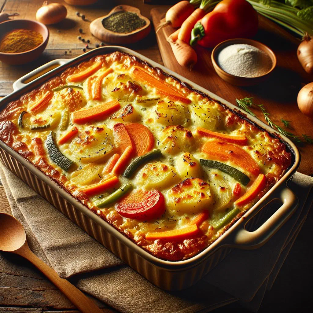 Golden-baked vegetable gratin with a bubbling cheese topping in a rustic dish
