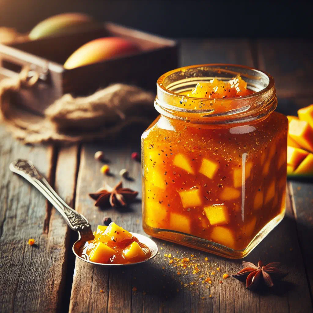 Golden mango chutney in a glass jar with fresh mango pieces