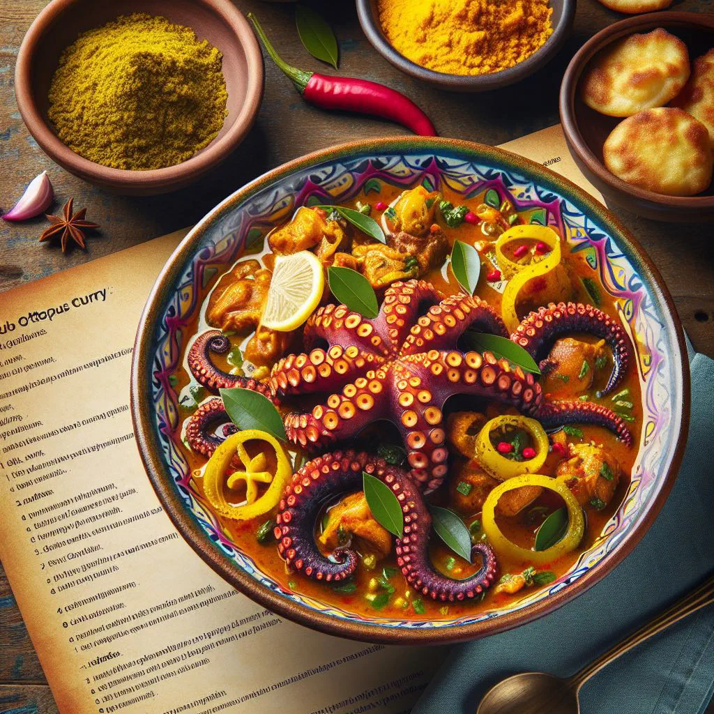 Octopus curry in a rich coconut sauce garnished with fresh coriander
