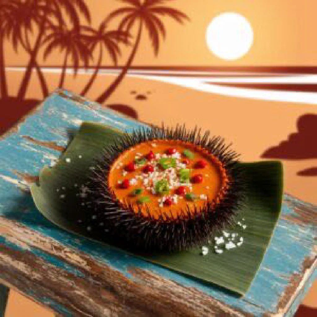Fresh sea urchin meat dressed with herbs and lemon, served in the shell