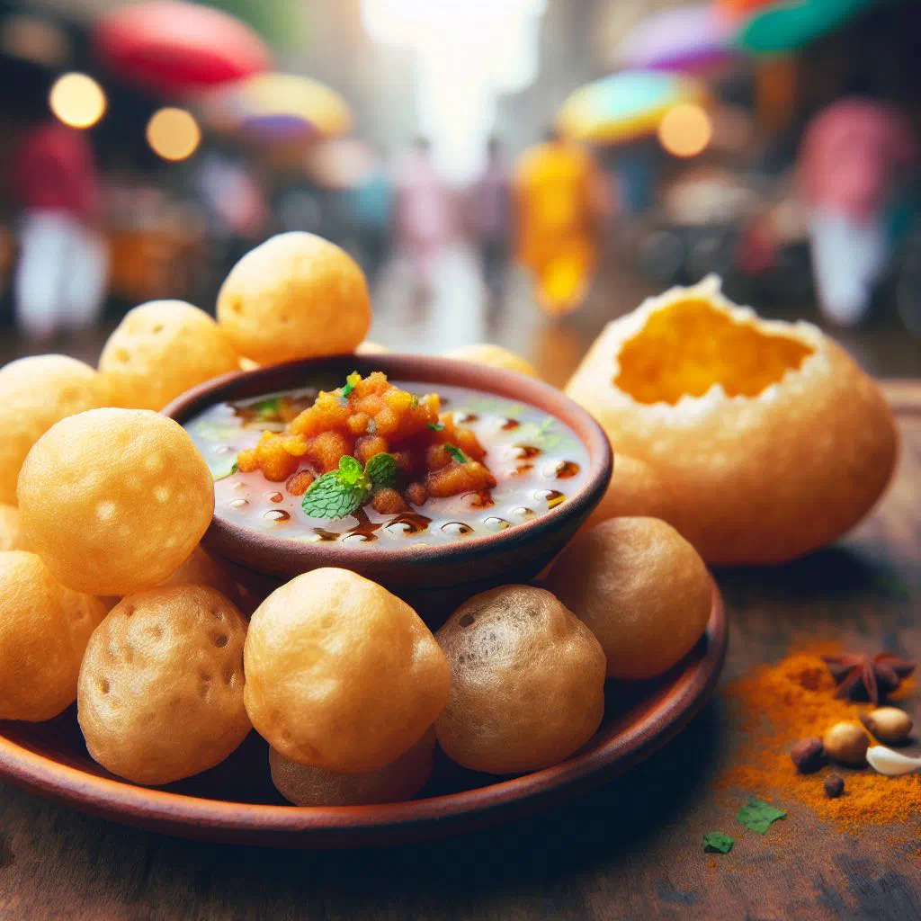 Golden fried pain puri breads served with a spiced savoury filling