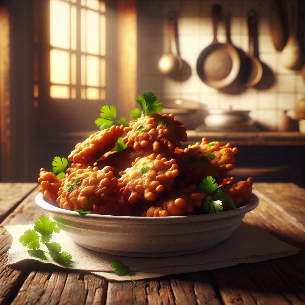 Golden, crispy pakoras piled on a plate, ready to serve