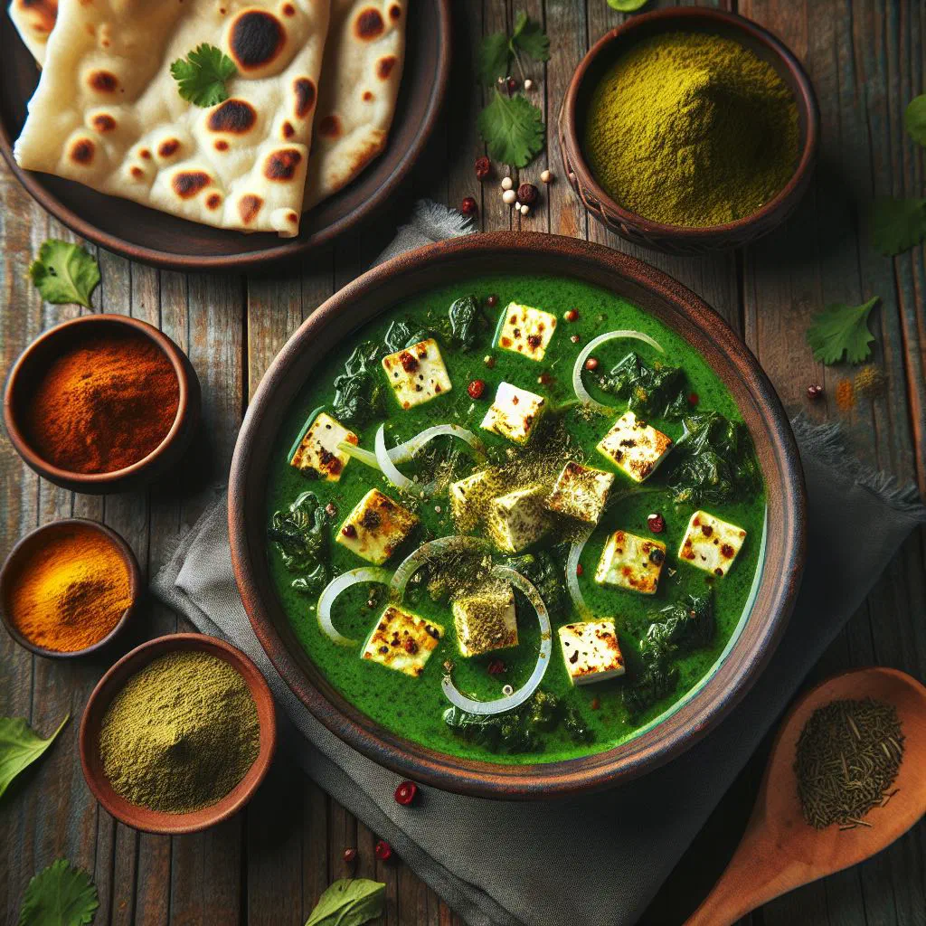 Creamy palak paneer with cubes of paneer in a vibrant green spinach sauce