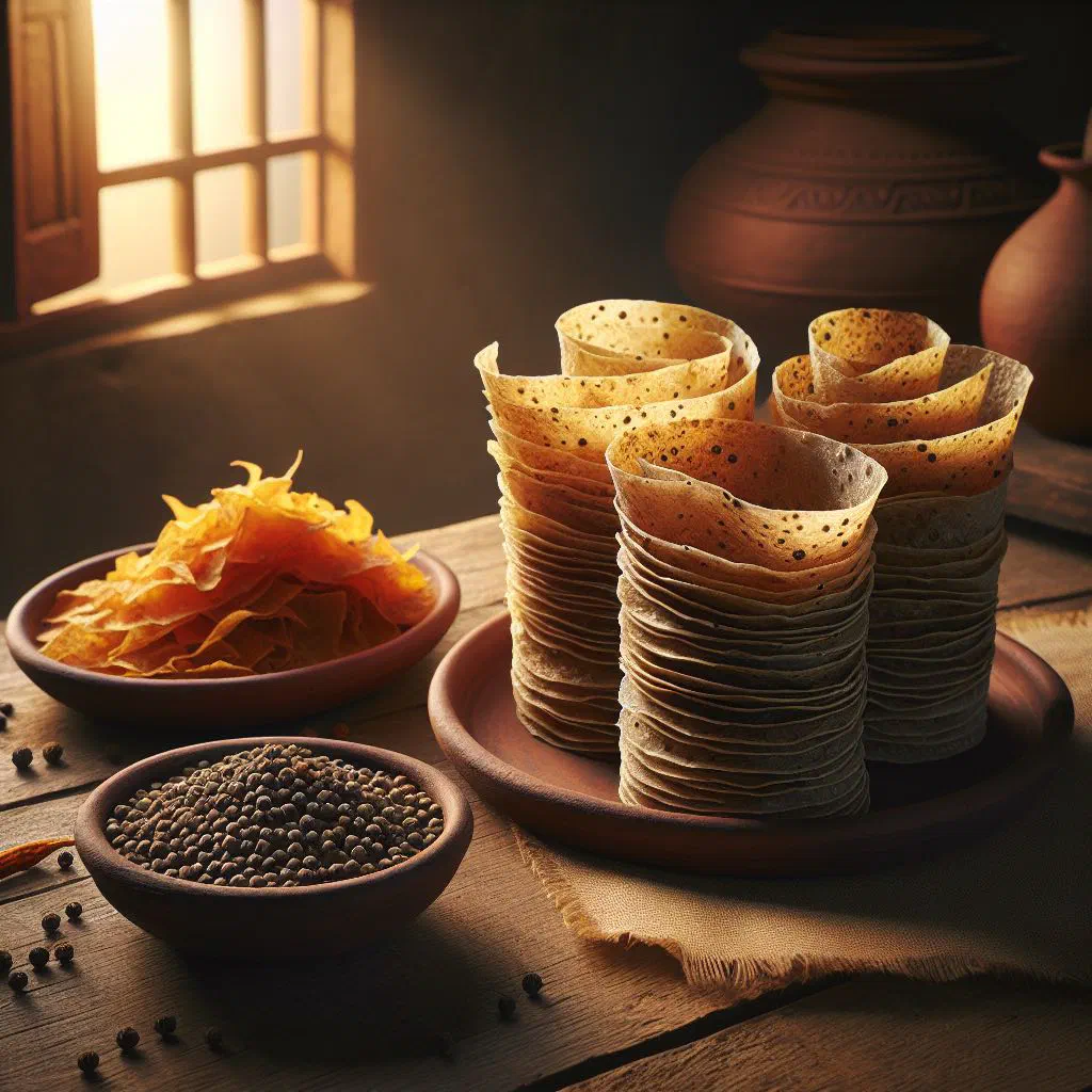 Crispy golden papadums stacked on a plate