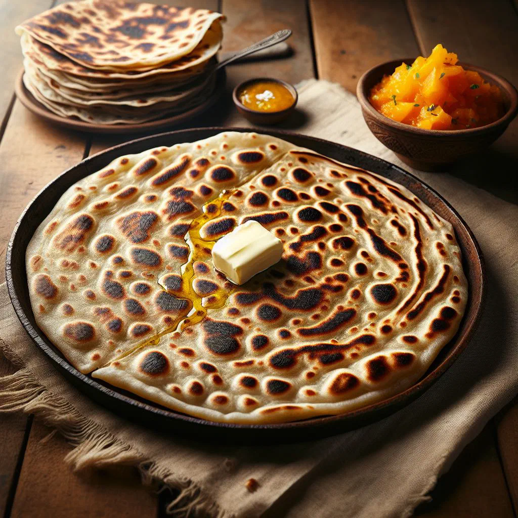 Golden flaky paratha flatbreads stacked on a plate