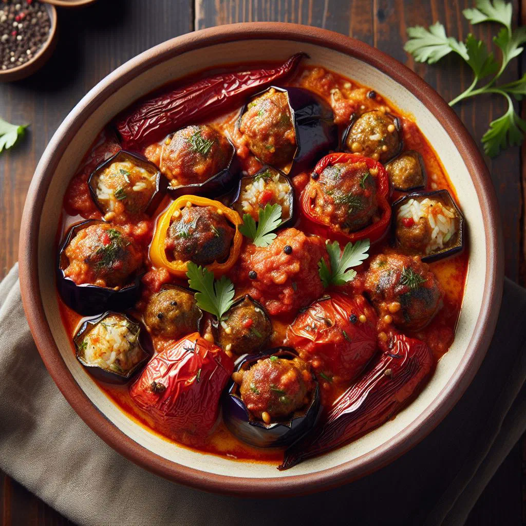 Stuffed peppers filled with spiced minced meat and rice, garnished with fresh herbs