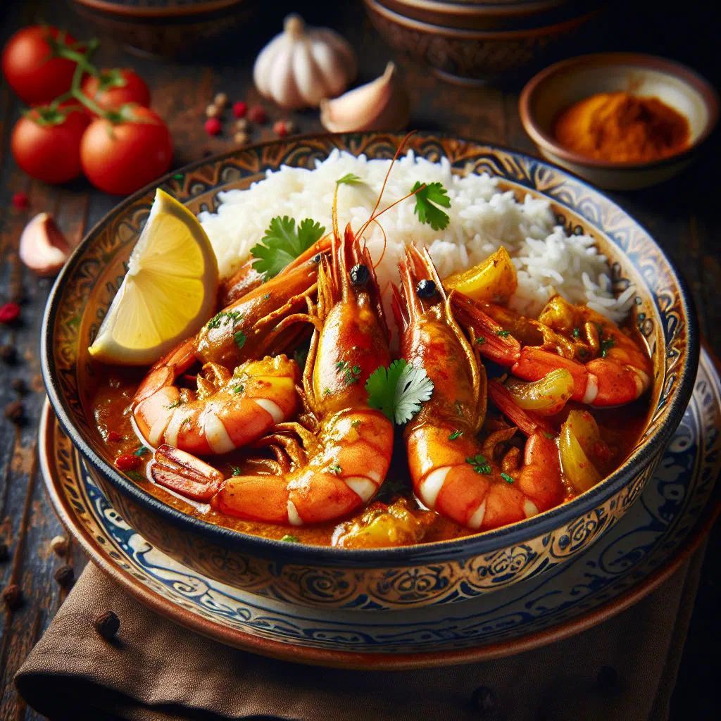 Mauritian prawn curry in a creamy coconut sauce garnished with fresh coriander