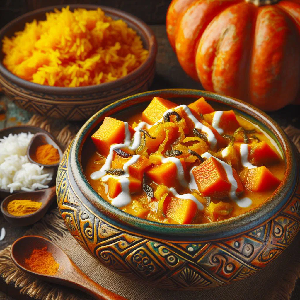 Bowl of creamy Mauritian pumpkin curry garnished with fresh coriander