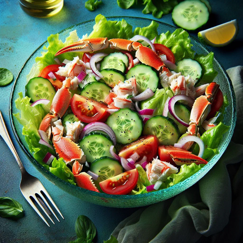 Fresh crab salad with tomato, onion and coriander in a bowl