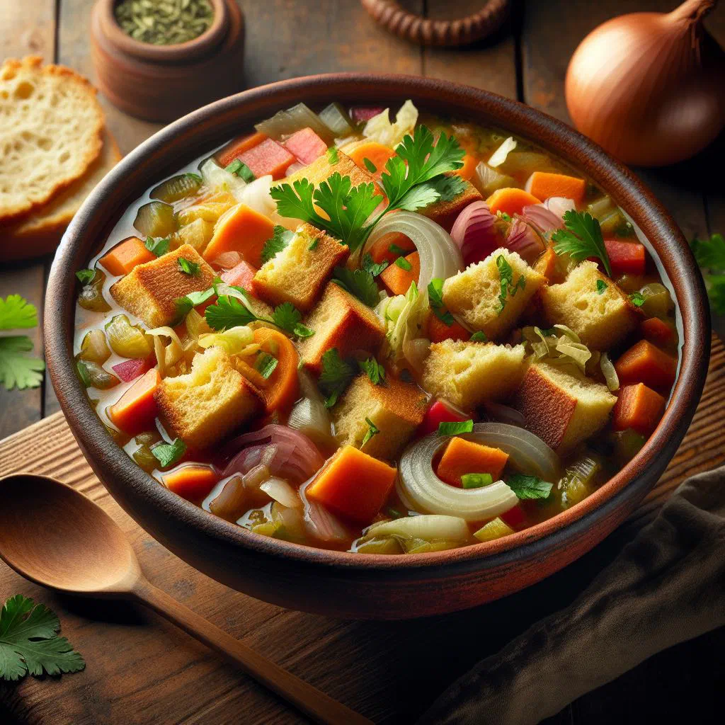 Bowl of Soupe du Macatia with tender meat, carrots and potatoes in a fragrant broth