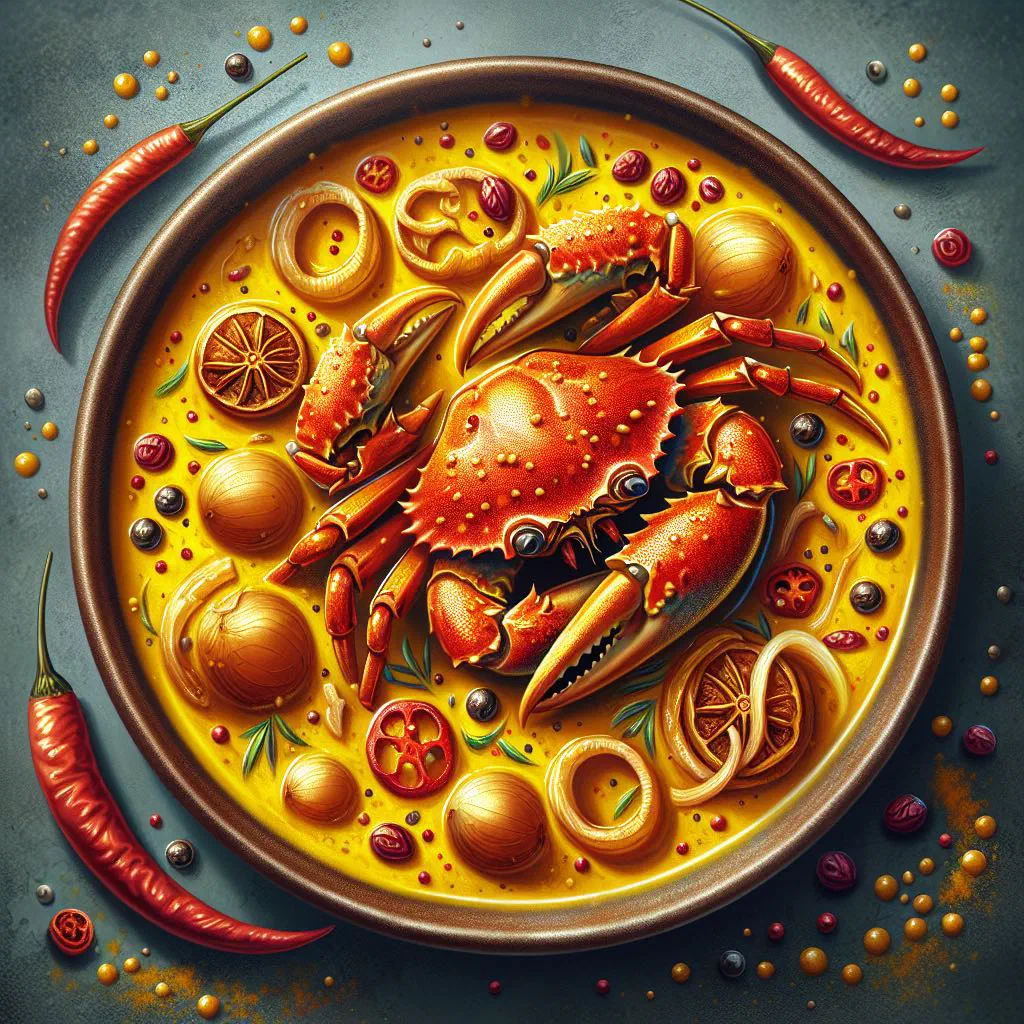 Vindaye crabe with crab pieces in a golden turmeric and mustard seed marinade
