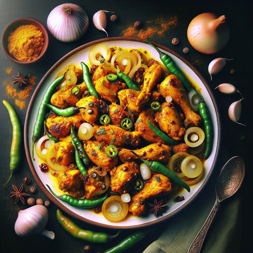Vindaye poulet with golden turmeric-mustard chicken pieces garnished with fresh coriander
