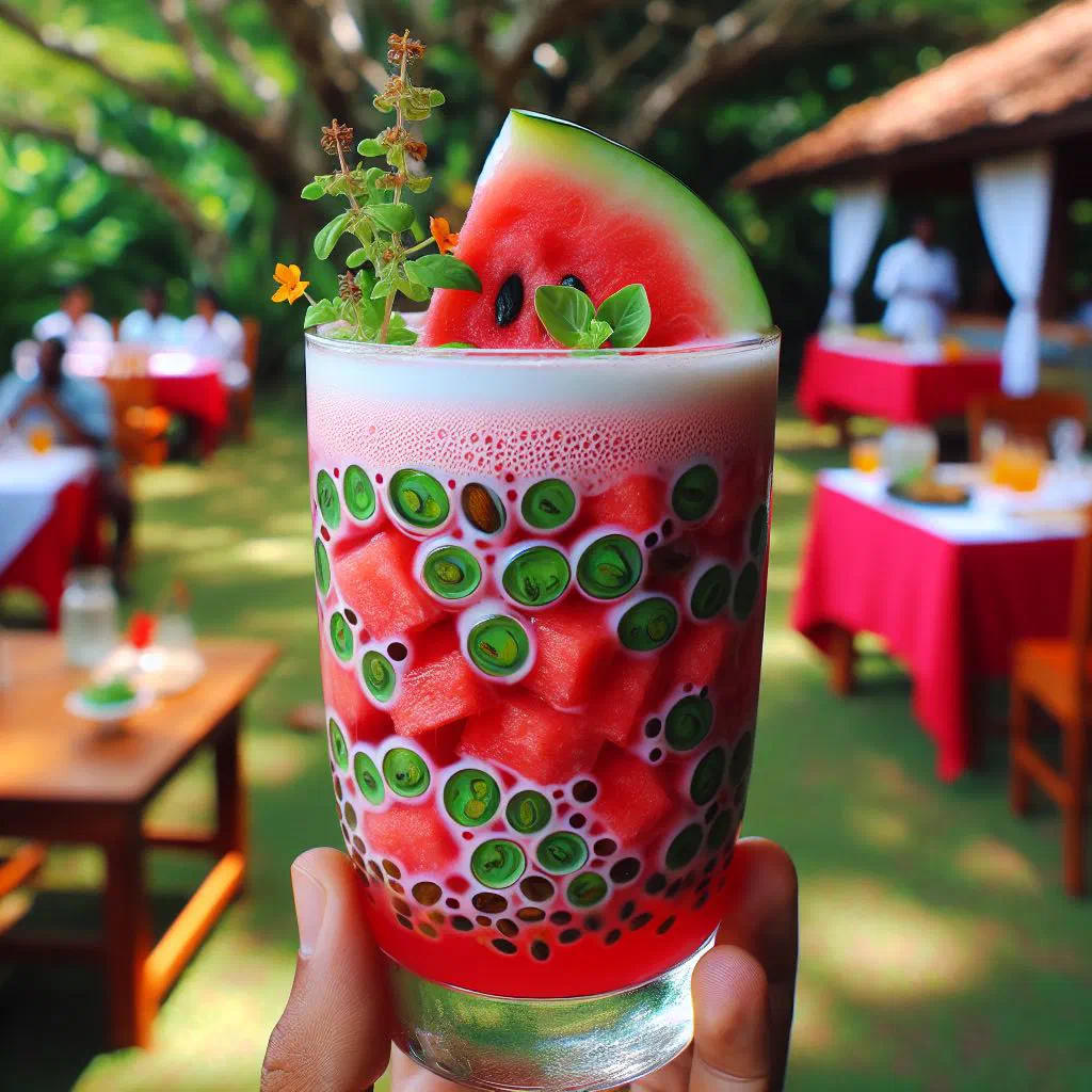 Chilled watermelon alouda dessert in a glass, garnished with fresh mint