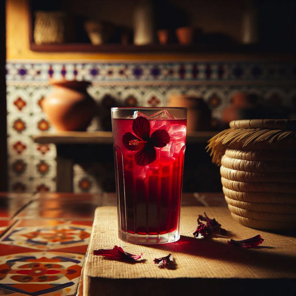 Deep red agua de jamaica served over ice in a tall glass