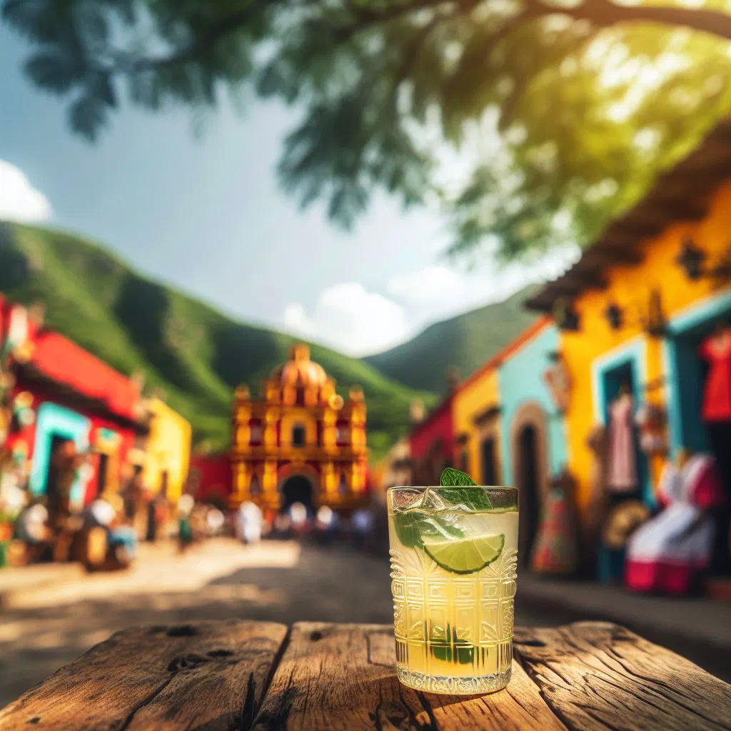 A tall glass of agua de tamarindo over ice with a lime slice