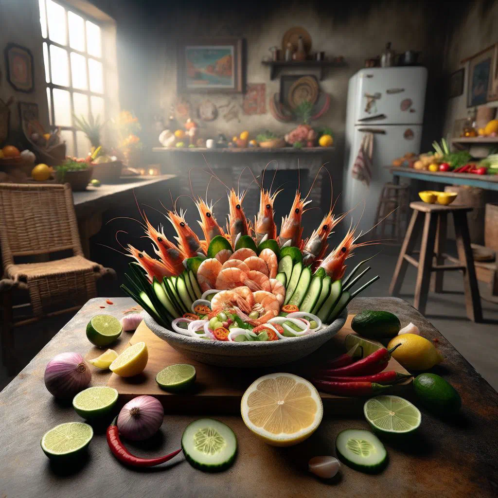 Aguachile of raw shrimp with lime, chilli, red onion and cucumber