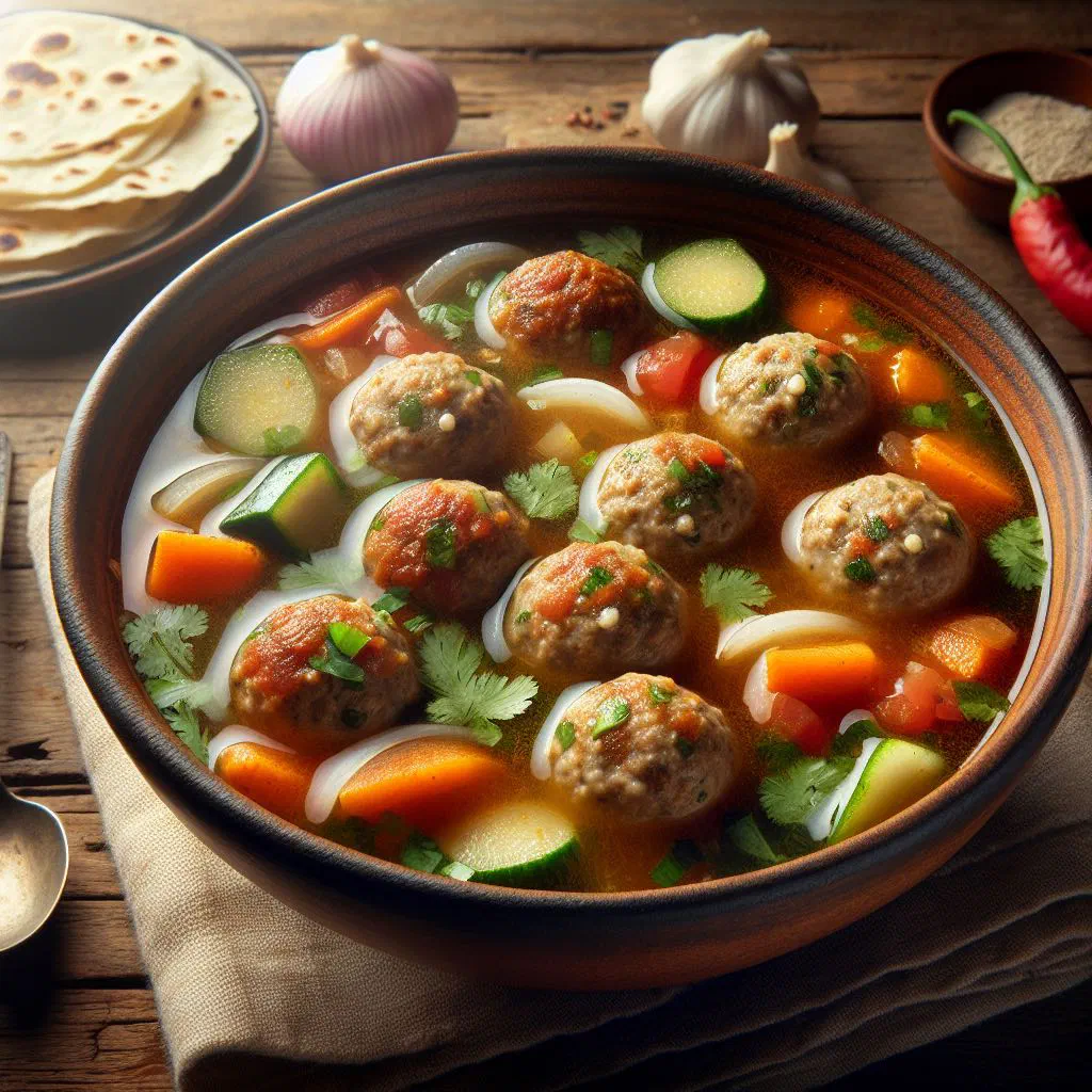 A bowl of albóndigas en caldo with meatballs, vegetables and fresh coriander
