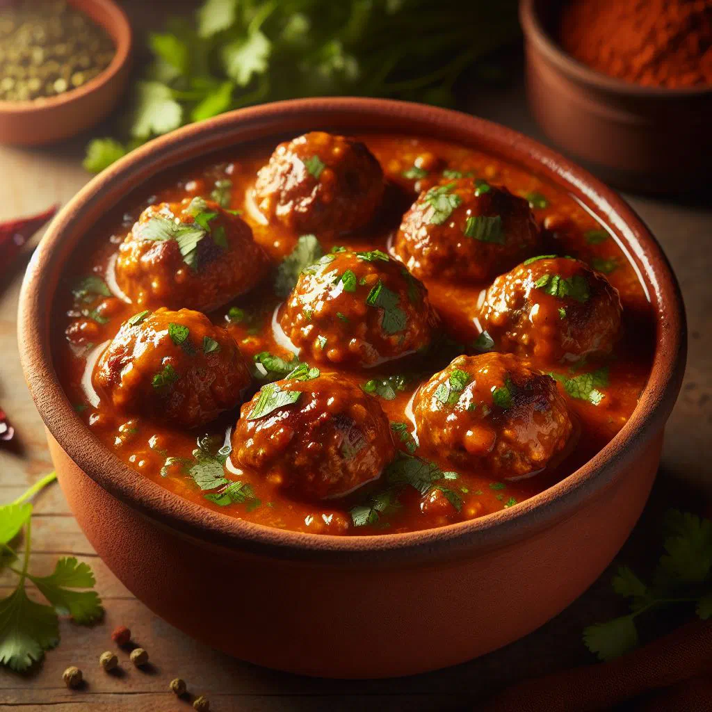 Beef meatballs simmered in a smoky red chipotle sauce, garnished with fresh coriander
