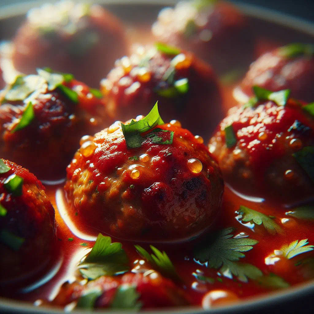 Mexican albondigas meatballs in a spiced broth garnished with fresh coriander