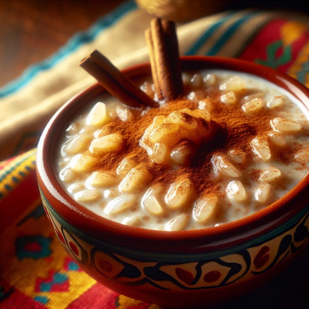 Bowl of creamy arroz con leche dusted with ground cinnamon