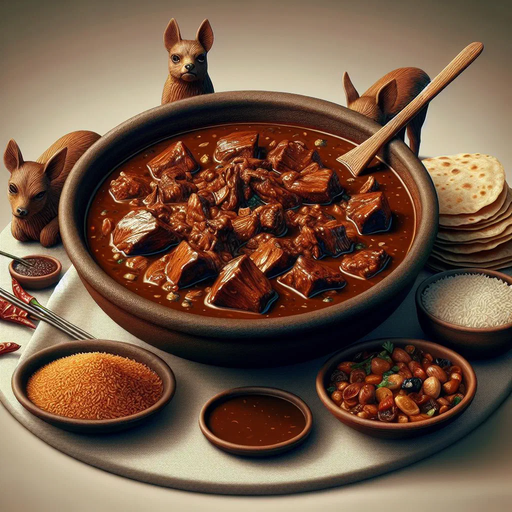 Asado de Boda braised beef in a rich red sauce garnished with coriander