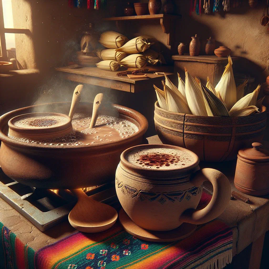 A steaming mug of atole de chocolate dusted with cocoa and a cinnamon stick