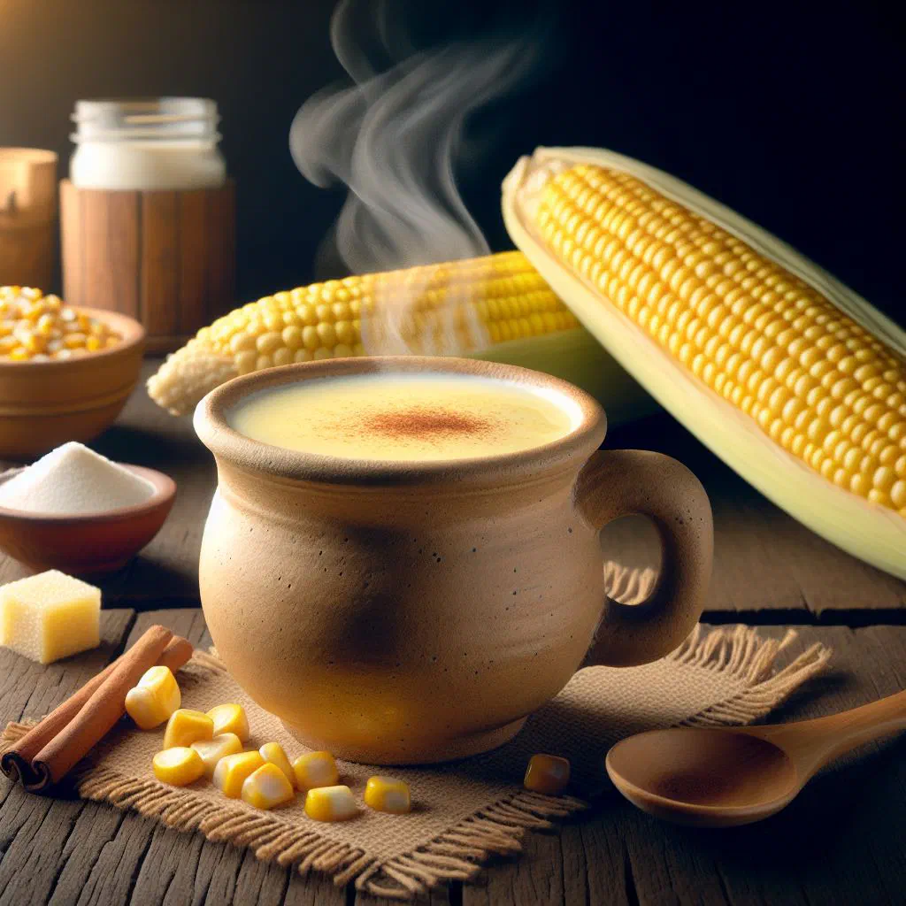 Warm mug of creamy atole de elote dusted with cinnamon