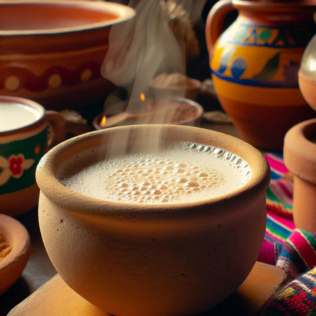 Steaming mug of creamy atole dusted with cinnamon