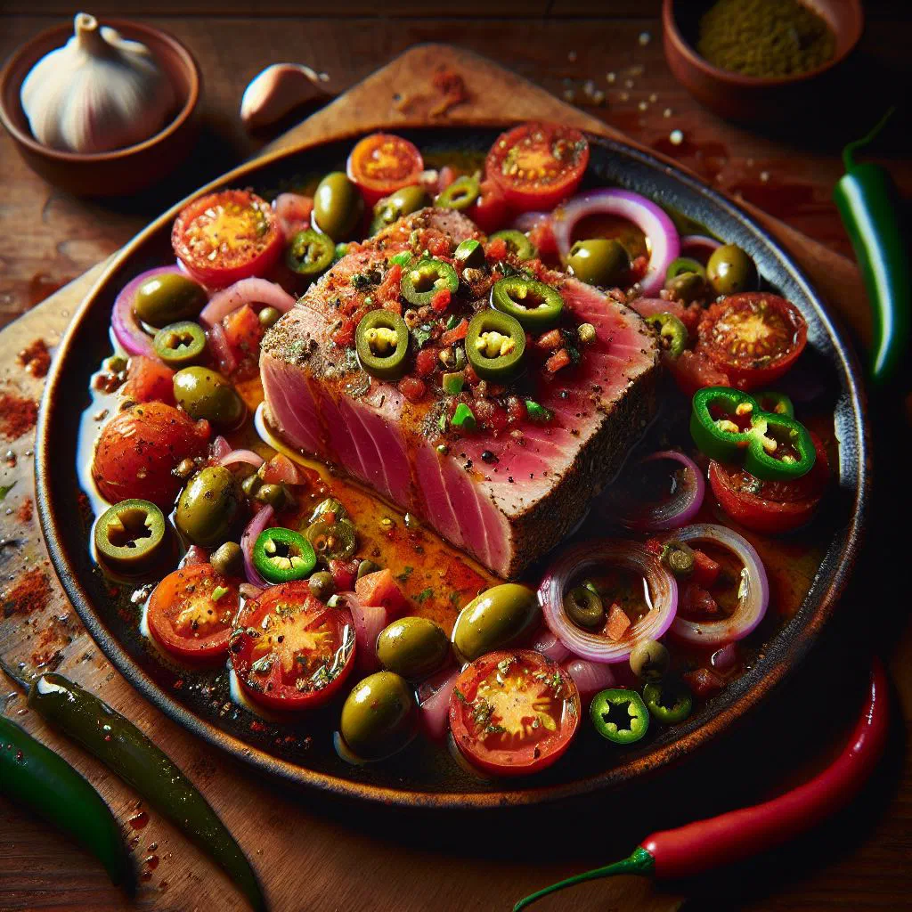 Tuna in a tomato, olive and caper sauce, garnished with fresh herbs