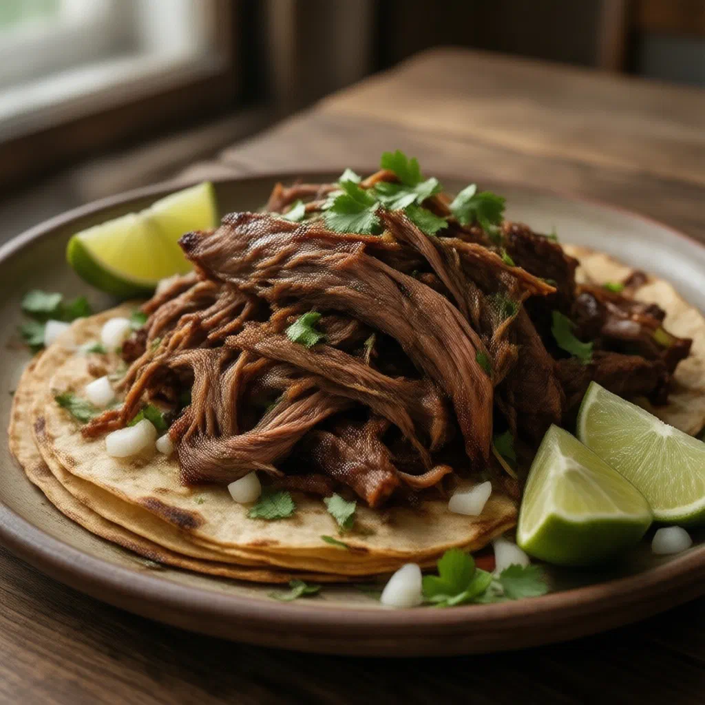 Tender shredded barbacoa beef garnished with fresh coriander and lime