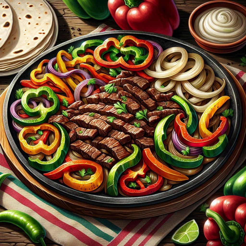 Sizzling beef fajitas with peppers and onions served on a hot griddle