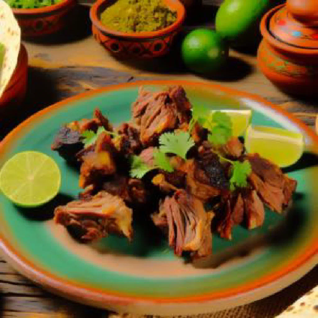 Birria de chivo served in a bowl with fresh coriander and lime wedges
