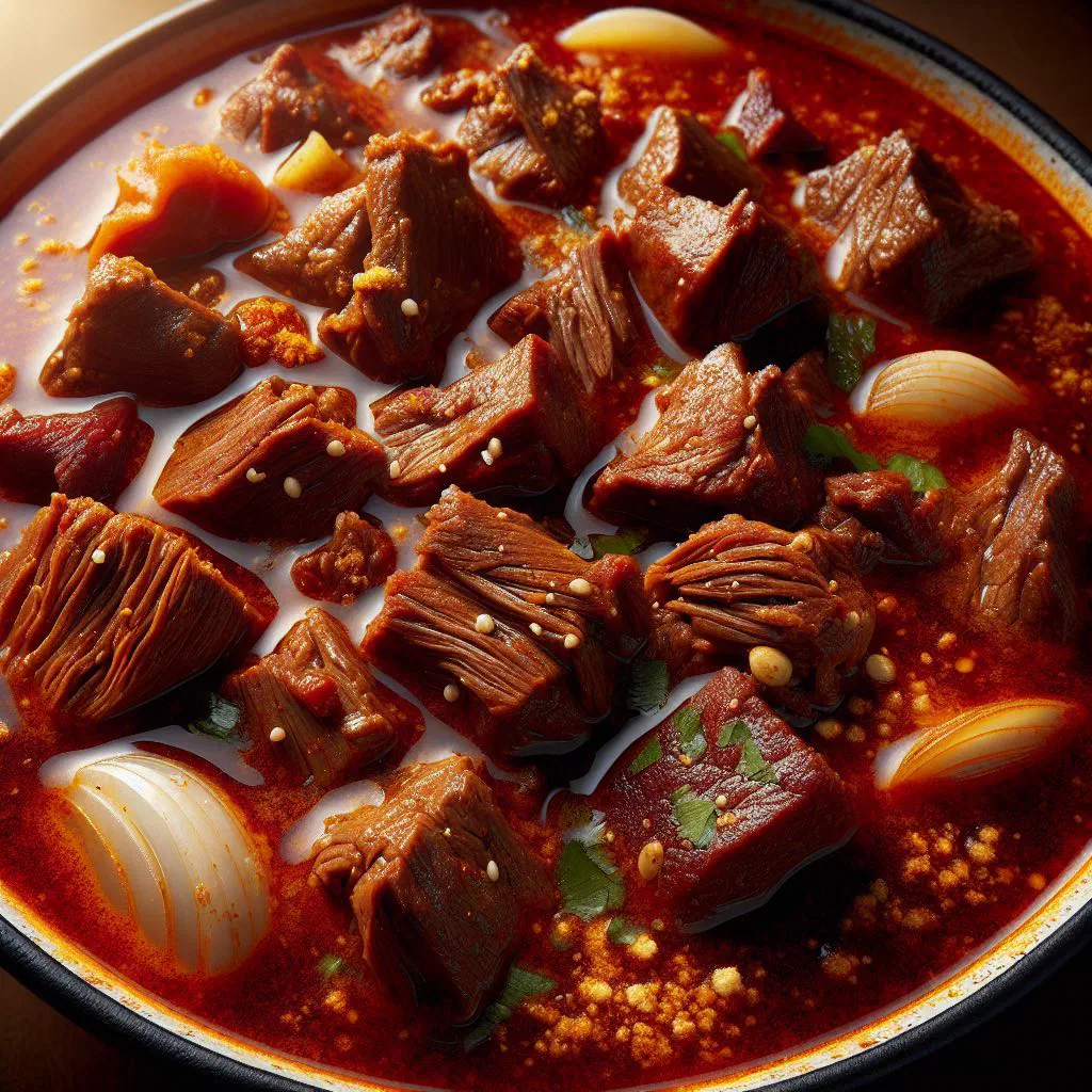 Bowl of rich red birria stew with tender beef, coriander and lime