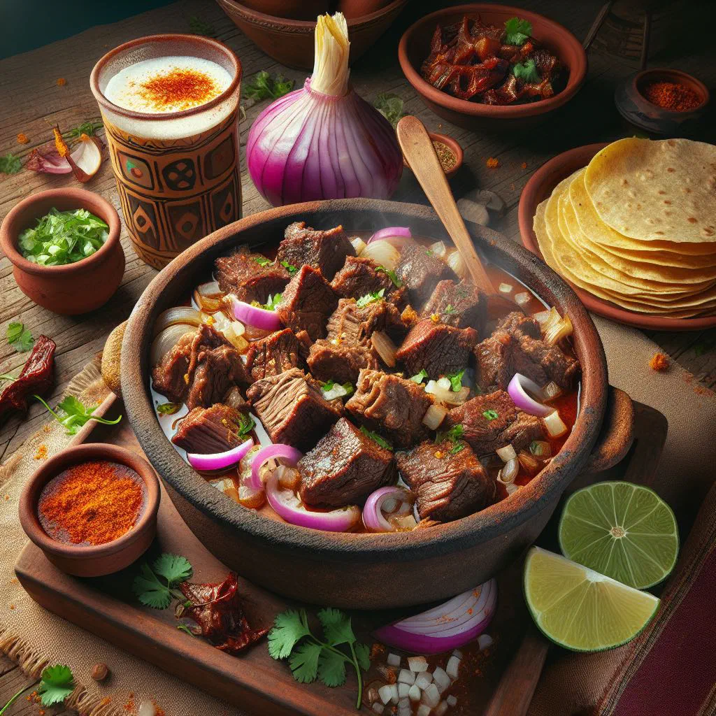 Bowl of birria tatemada with tender shredded beef, coriander and lime