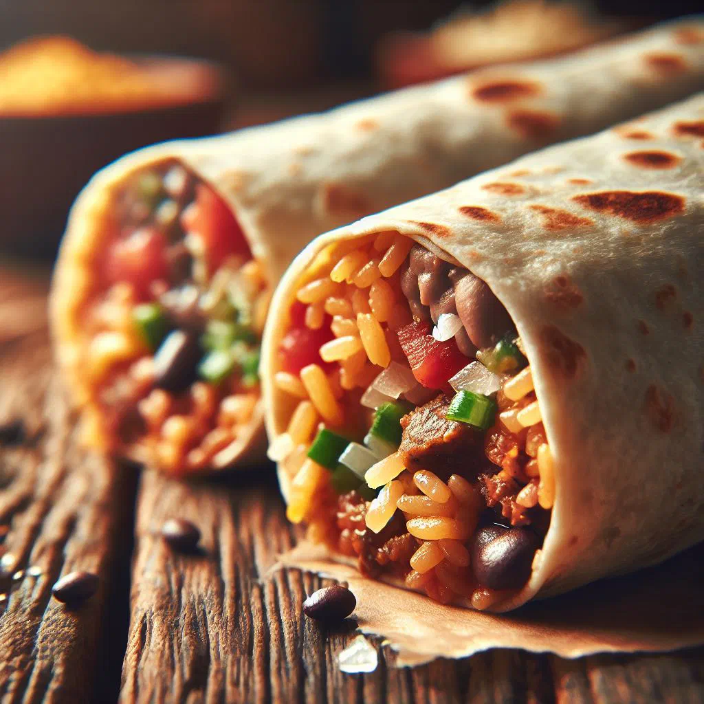 Rolled Mexican burritos filled with chicken, beans, cheese and avocado