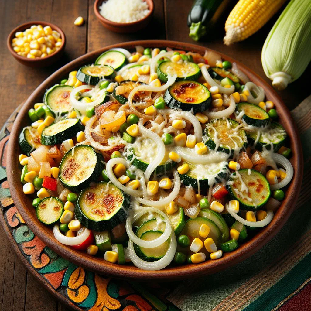 Calabacitas con queso with diced courgettes and crumbled cheese garnished with coriander