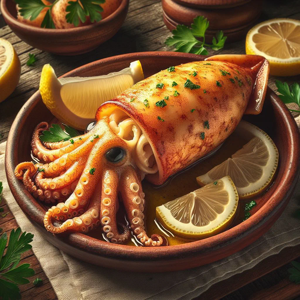 Stuffed squid garnished with fresh parsley and lemon
