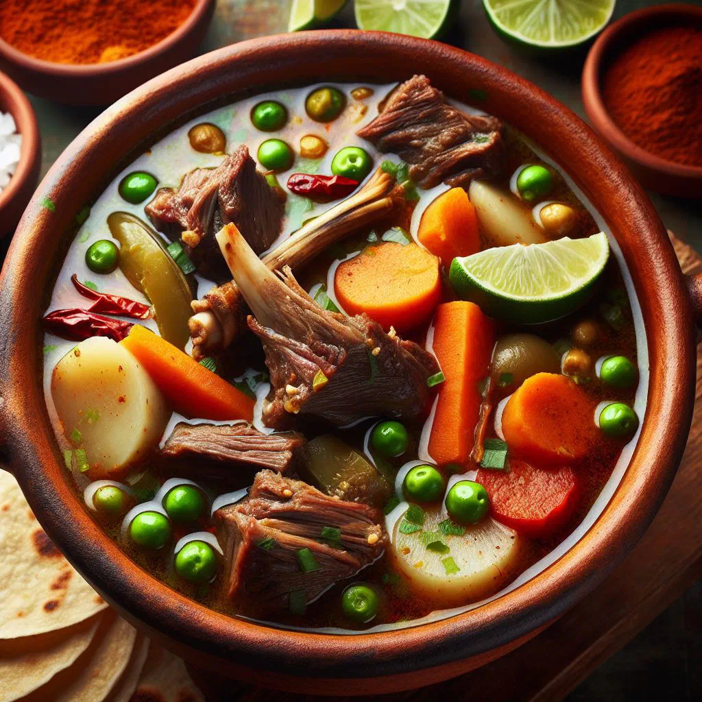 Bowl of Mexican caldo de chivo goat stew garnished with fresh coriander