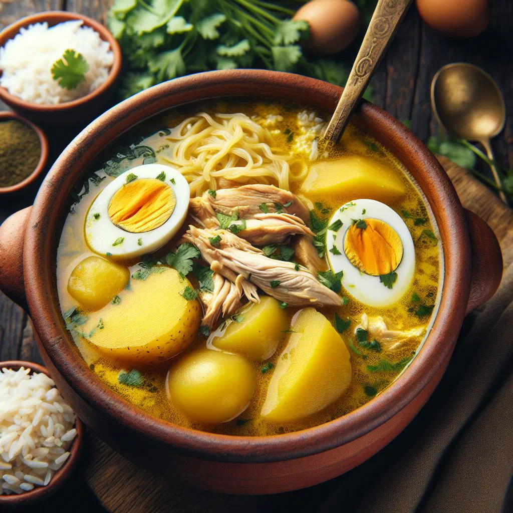 Bowl of caldo de gallina with shredded chicken, carrots and fresh coriander