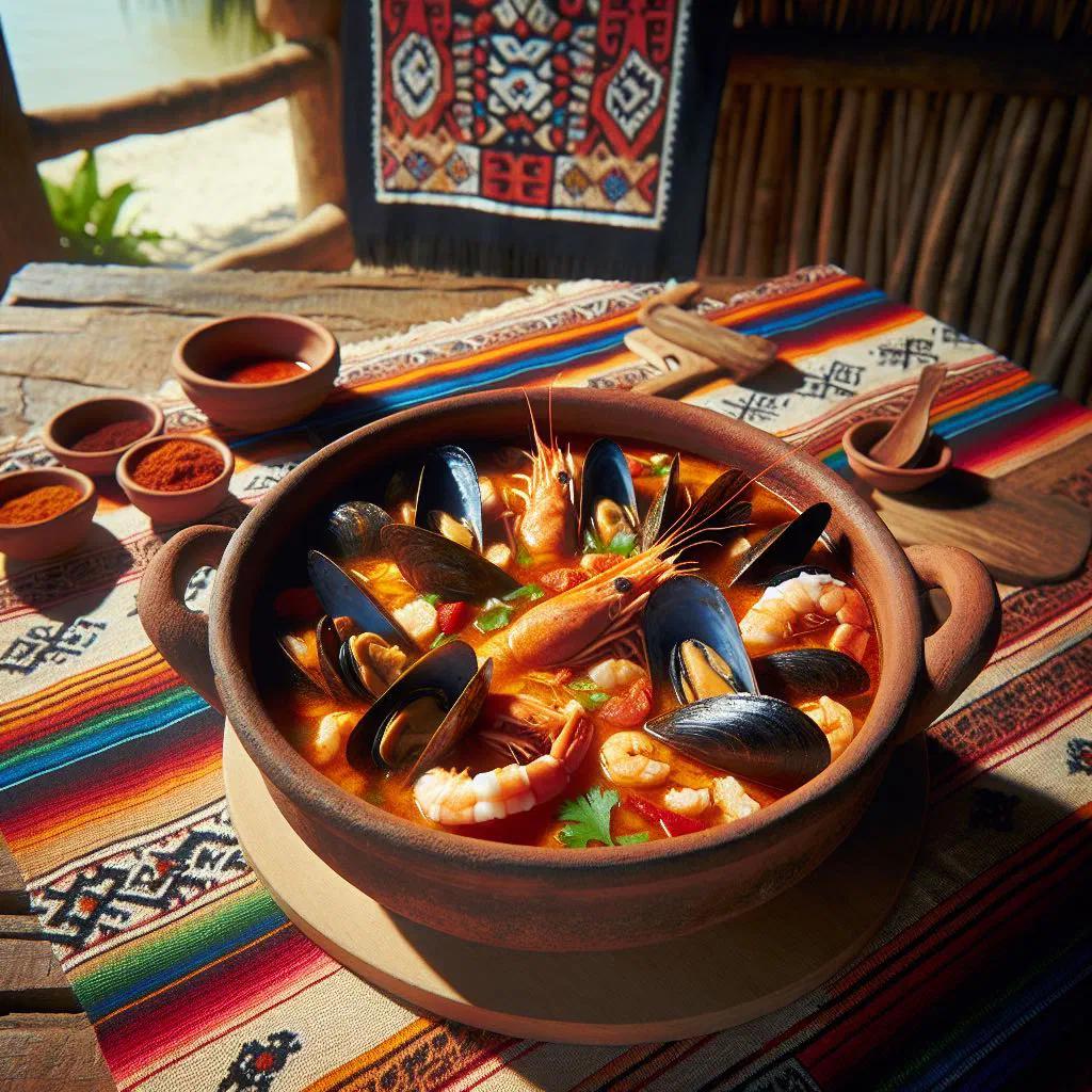 Bowl of Mexican caldo de mariscos with shrimp, mussels and fresh coriander