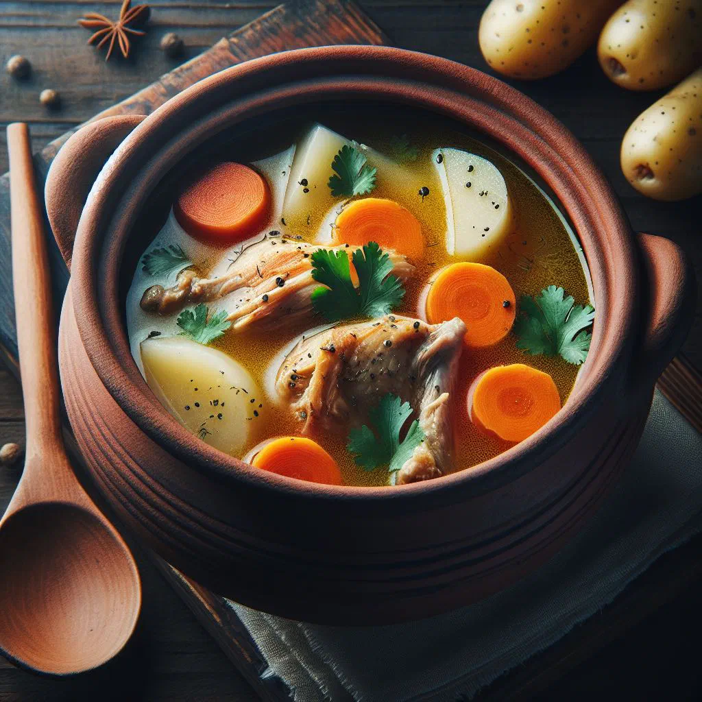 A steaming bowl of caldo de pollo with chicken, carrots and potatoes garnished with fresh coriander